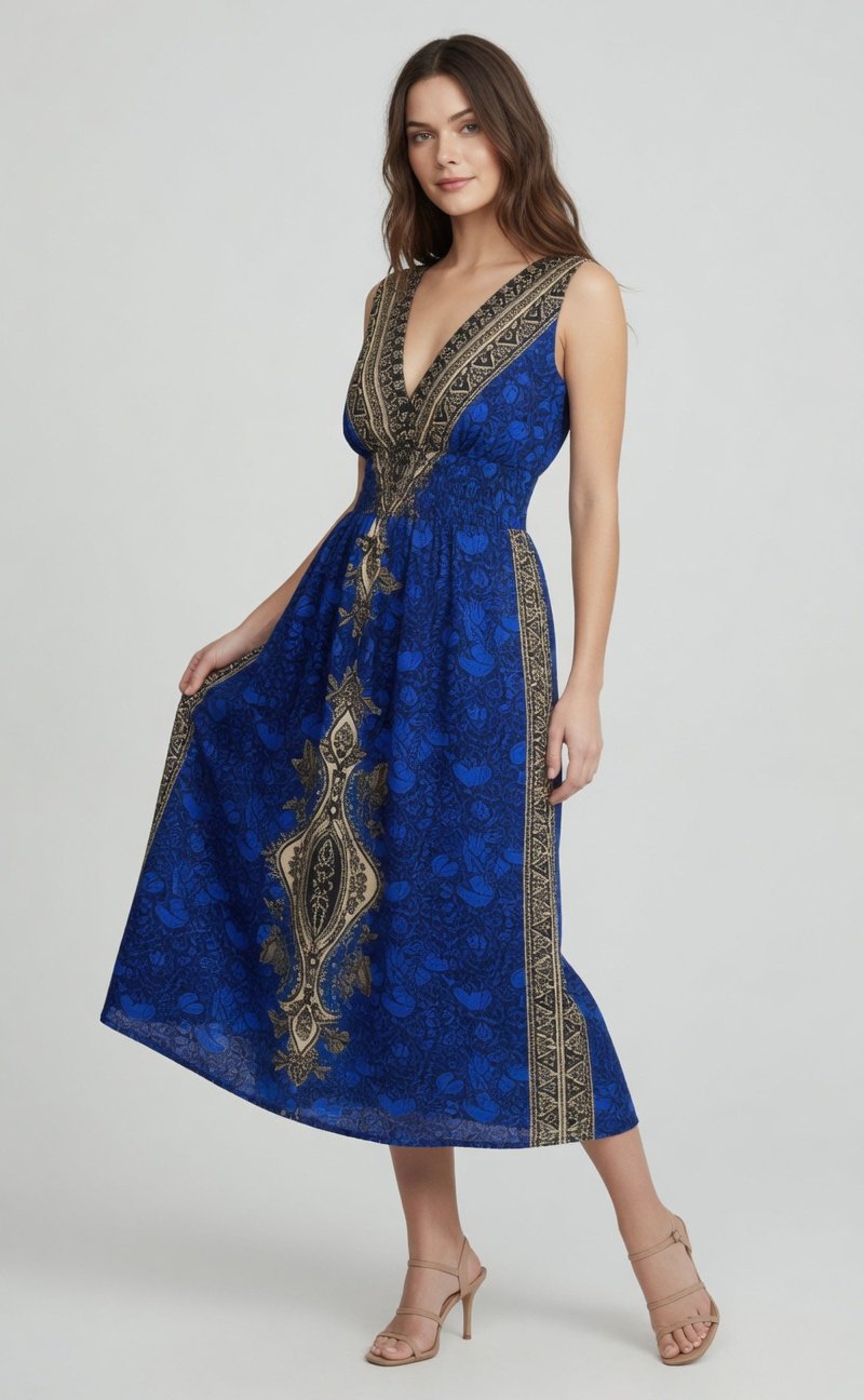 Bohemian Embroidered Midi Dress Blue