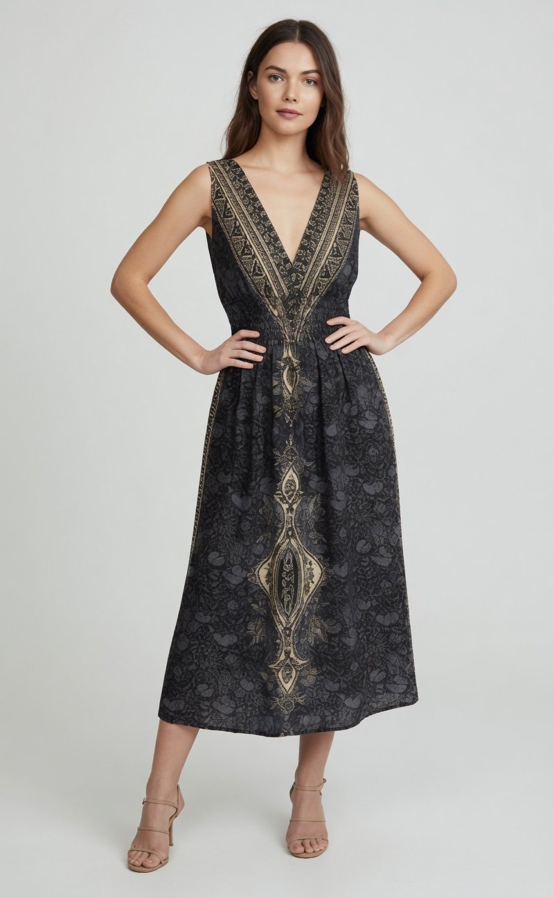 Bohemian Embroidered Midi Dress Charcoal Gray