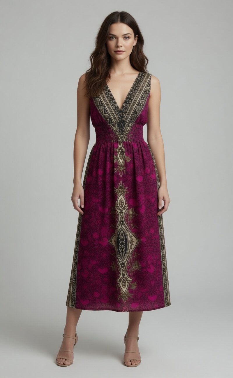 Bohemian Embroidered Midi Dress Pink