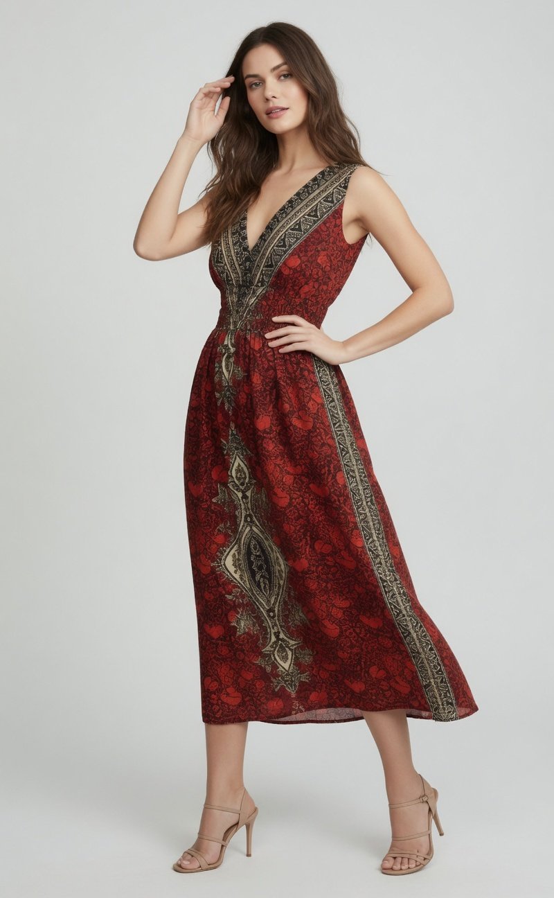 Bohemian Embroidered Midi Dress Red